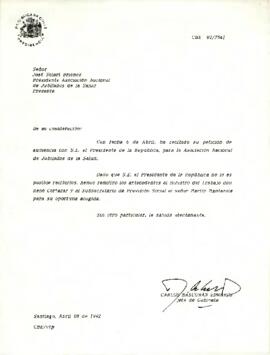 Carta de Carlos Bascuñán Edwards, Jefe de Gabinete Presidencial, a José Solari Briones, Presidente de la Asociación Nacional de Jubilados de la Salud, sobre solicitud de audiencia