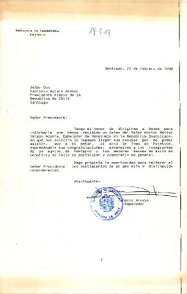 [Carta enviada por Embajada de Venezuela en Chile, declinando invitación al acto de Toma de Posesión].