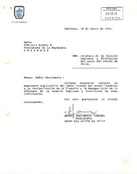 Carta desde el Banco del Estado de Chile, de su Presidente, sr. Andrés Sanfuentes Vergara, dirigida al Señor Patricio Aylwin A., Presidente de la República