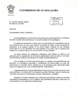 Carta oficial de la Universidad de Guadalajara, de su Rector, Lic. Raúl Padilla López, enviada al Presidente de Chile, Patricio Aylwin, con ocasión de su participación en la Primera Cumbre Iberoamericana realizada en esa ciudad