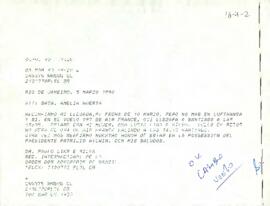 Carta de Paulo Lins e Silva, Secretario Internacional de la Orden de Abogados del Brasil, a Amelia Huerta, agradeciendo la invitación de Patricio Aylwin Azócar a su ceremonia de asunción presidencial