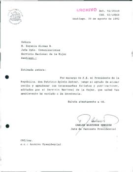 [Carta de agradecimiento del Jefe de Gabinete Presidencial dirigida a la Jefa del Departamento de...