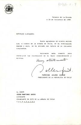 [Carta dirigida a Comandante en Jefe de Armada de Chile por saludo de cumpleaños del Presidente Aylwin]