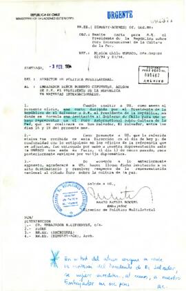 RR.EE. (DIMULTI-AGENES) Of. Ord. Nº: 002371 Desde el Ministerio de Relaciones Exteriores, de su Director de Política Multilateral, sr. Mario Artaza Rouxel