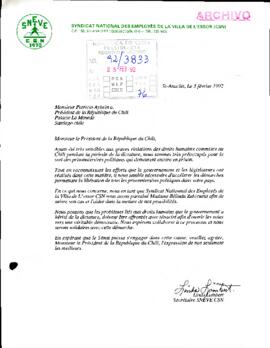 [Carta de la Secretaria del SNFVF CSN de Canadá dirigida al Presidente Patricio Aylwin]