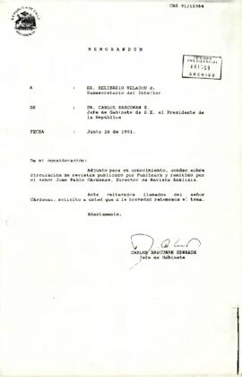 Memorándum de Carlos Bascuñán Edwards, Jefe de Gabinete Presidencial, a Belisario Velasco Baraona, Subsecretario del Interior, sobre sondeo de circulación de revistas y solicitud de seguimiento