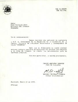 Carta de Carlos Bascuñán Edwards, Jefe de Gabinete Presidencial, a René Cortázar Sanz, Ministro del Trabajo y Previsión Social, sobre solicitud de audiencia de la Central Unitaria de Jubilados, Pensionados y Montepiados de Chile (CUPEMCHI)