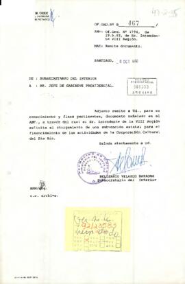 Carta del Subsecretario del Interior, sr. Belisario Velasco Baraona, dirigida al Jefe del Gabinete Presidencial, con referencia a la solicitud del Intendente de la VIII Región