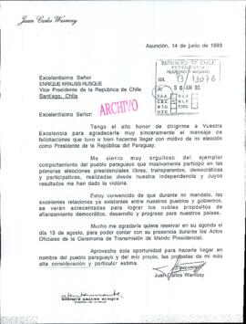 [Carta del Presidente Electo de Paraguay, Juan Carlos Wasmosy]