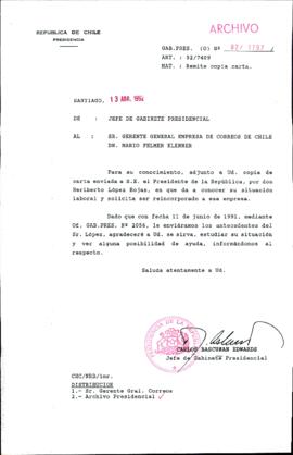 [Carta del Jefe de Gabinete de la Presidencia a Gerente General de Correos de Chile]