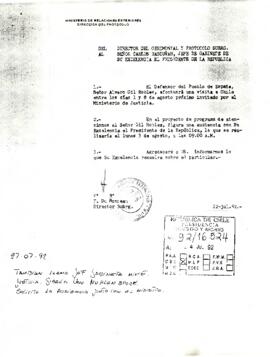 Carta del Director del Ceremonial y Protocolo del Ministerio de RR.EE. sr. C. Klammer B., dirigida al Señor Carlos Bascuñán, Jefe de Gabinete Presidencial, con referencia a una visita del Defensor del Pueblo de España, sr. Álvaro Gil Robles