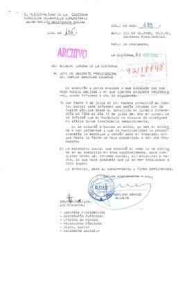 [Oficio del Alcalde de la Municipalidad de la Cisterna dirigido al Jefe de Gabinete Presidencial, mediante el cual informa gestión realizada en problemática habitacional de particular]