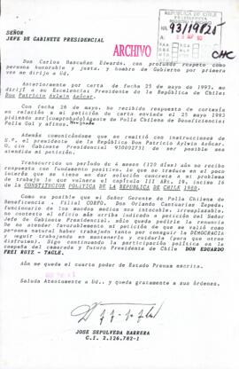 [Solicitud de intervención dirigida al Jefe de Gabinete Presidencial, referente a petición relacionada a la Polla Chilena de Beneficiencia]