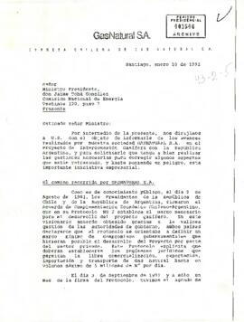 Carta desde la Empresa Chilena de Gas Natural S.A., de su Presidente, sr. Juan Claro González, dirigida al Ministro Presidente de la Comisión Nacional de Energía, sr. Jaime Tohá González