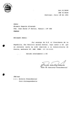 Carta remitida a la Subsecretaría de Guerra, mediante Of. GAB. P R E S . (O) 91/2129.