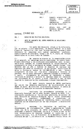 Memorándum Nº411 (Res.) Del Director de Política Bilateral, Sr, Carlos Ducci Ossa, dirigido al Jefe de Gabinete del Señor Ministro de Relaciones Exteriores