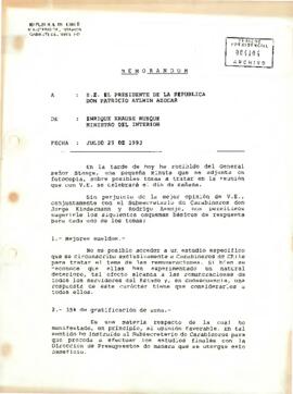 Memorándum desde el Ministerio del Interior, de su ministro, sr. Enrique Krauss Rusque, dirigido a S.E. El Presidente de la República, Don Patricio Aylwin Azócar
