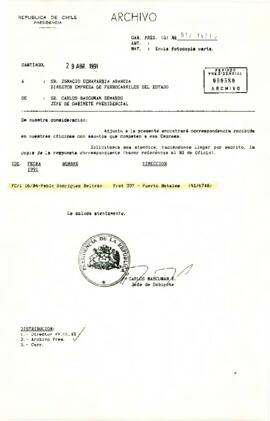 Documento oficial Gab. Pres. (O) Nº91/1431 de la Presidencia de la República remitido al Director de la Empresa de Ferrocarriles del Estado