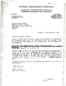Fax desde el Servicio Universitario Mundial [World University Service], de su Secretario General, sr. Nigel Hartley, dirigida al Excelentísimo Señor Patricio Aylwin Azocar Presidente Electo de Chile