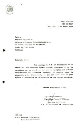 [Sobre envío de ejemplar "Expresiones de Violencia Juvenil: Un desafío para la educación y la democracia"]