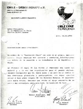 Fax desde Asociación Chile, de su Presidente, sr. Werner Schreiber, MdB, su Gerente, sr. Joachim Sikora y su Tesorero, sr. Georg Schmid, dirigido al Excmo. Señor Presidente [Patricio Aylwin Azócar]