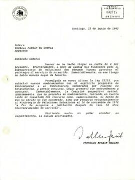 Carta de Patricio Aylwin Azócar dirigida a la Cecilia Parker de Correa