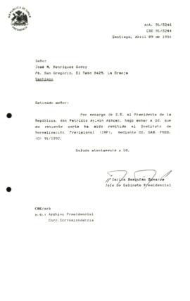 Carta remitida al Instituto de Normalización Previsional (INP), mediante Of. GAB. PRES. (0) 91/1092.