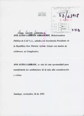 [Saludo de la relacionadora públicade CAP S.A. dirigido al Presidente Patricio Aylwin]