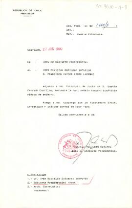 [Carta de Jefe de Gabinete a Jefe División Gobierno Interior remitiendo carta Sr. Gastón Garrido y solicitando investigación de visitadora social]