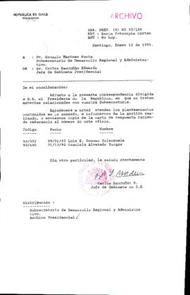 [Oficio  Gab. Pres. Ord. N° 0106 de Jefe de Gabinete Presidencial, remite copia de carta que se indica]