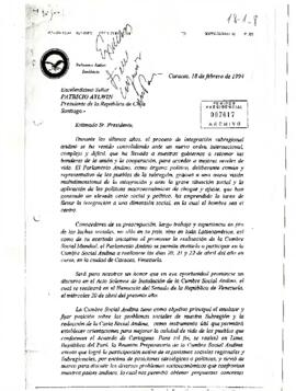[ Carta: invitación a S . E El Presidente de la República, a Cumbre Social Andina en ciudad de Ca...