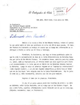 Carta del Embajador de Chile en San José de Costa Rica, sr. Jaime Moreno Laval, dirigida al Su Excelencia Don Patricio Aylwin Azócar, Presidente de la República de Chile