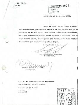 Carta desde la Corte Suprema, de su Presidente, sr. Luis Maldonado Boggiano, dirigida a S.E. El Presidente de la República, Don Patricio Aylwin Azócar