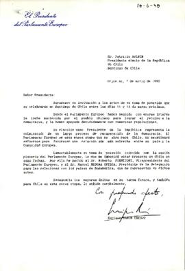 Carta desde la Oficina del Presidente del Parlamento Europeo en Bruselas, Bélgica, sr. Enrique Barón Crespo, dirigida al Presidente electo de Chile, sr. Patricio Aylwin Azócar