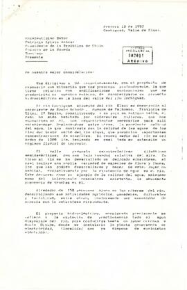 Carta de Habitantes del Valle de Cochiguaz a Patricio Aylwin Azócar, Presidente de la República, sobre oposición a proyecto hidroeléctrico en el río Cochiguaz y solicitud de protección ambiental