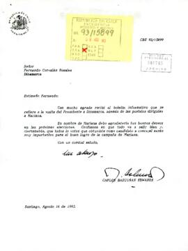 Carta enviada por Carlos Bascuñán Edwards, Jefe de Gabinete Presidencial, a Fernando Corvalán Rosales, agradeciendo el envío de un boletín informativo sobre la visita del Presidente de Chile a Dinamarca