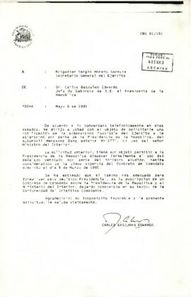 Memorándum de Carlos Bascuñán Edwards, Jefe de Gabinete Presidencial, al Brigadier Sergio Moreno Saravia, Secretario General del Ejército, sobre ratificación de asignación de vehículo al Ministerio del Interior