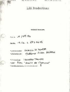 Carta desde Lili Productions, Francia, de parte de la sra. Isabelle Thomas, dirigida al Palacio de La Moneda, a la sra. Pilar Delasco