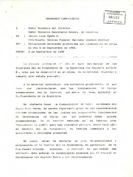 Memorando Confidencial del sr. Javier Luis Egaña B., Coordinador General Funeral Salvador Allende Gossens al Señor Ministro del Interior y al Ministro Secretario General de Gobierno