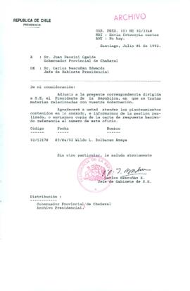 [Carta del Jefe de Gabinete de la Presidencia a Gobernador Provincial de Chañaral]
