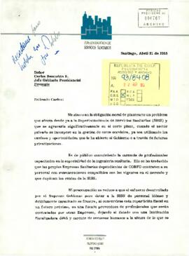 Carta del Superintendente de Servicios Sanitarios, sr. Eugenio Celedón Silva, dirigida al sr. Carlos Bascuñán, Jefe de Gabinete Presidencial
