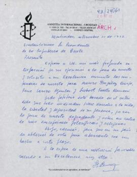 [Carta de miembro de Amnistía Internacional Uruguay dirigida al Presidente Patricio Aylwin, referente a pena de muerte]