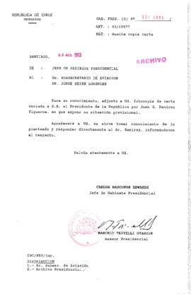 [Oficio  Gab. Pres. Ord. N° 3985 de Jefe de Gabinete Presidencial, remite copia de carta que se indica]