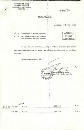 Fax Nº476 enviado por el Intendente de la IV Región de Coquimbo al Subsecretario del Interior, mediante el cual remite un listado de proyectos priorizados para ser financiados con fondos extraordinarios ofrecidos por dicha Subsecretaría