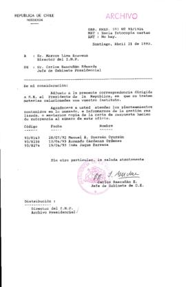 [Oficio Gab. Pres. Ord. N° 1924 de Jefe de Gabinete Presidencial, remite copia de carta]