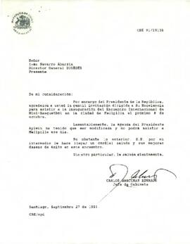 Carta de Carlos Bascuñán Edwards, Jefe de Gabinete Presidencial, a Iván Navarro Abarzúa, Director General DIGEDER, sobre invitación al Presidente de la República a inauguración de Encuentro Internacional de Mini-Basquetbol en Melipilla