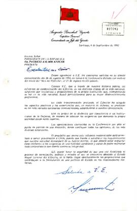 Carta de Augusto Pinochet Ugarte, Capitán General Comandante en Jefe del Ejército, dirigida al Excmo. Señor Presidente de la República Don Patricio Aylwin Azócar