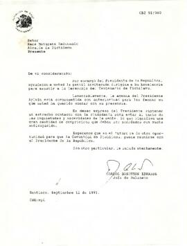 Carta de Carlos Bascuñán Edwards, Jefe de Gabinete Presidencial, a René Maturana Maldonado, Alcalde de Pichilemu, sobre invitación al Presidente de la República a ceremonia del centenario de Pichilemu.