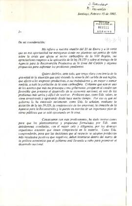 Carta [sin firma] del Presidente de la República, Dn. Patricio Aylwin Azócar, dirigida a los Dirigentes de los Sindicatos de ENACAR de Lebu, de Curanilahue, a los Coordinadores de la Agencia de Reconversión de Schwager, al Presidente de la Confederación Minera y otros.
