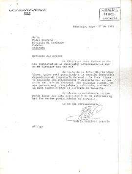 Carta desde el Partido Demócrata Cristiano, del sr. Andrés Zaldívar Larraín, dirigida al Señor Pedro Courard, División El Teniente Codelco